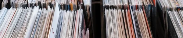 Vinyl records stacked in a record store