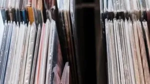 Vinyl records stacked in a record store