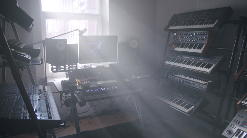 Studio equipment and instruments in a dark room