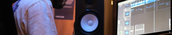 Producer working at a desk in front of studio monitors