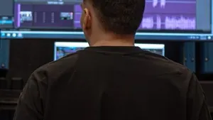Producer sitting in a dark control room facing a screen full of tracks