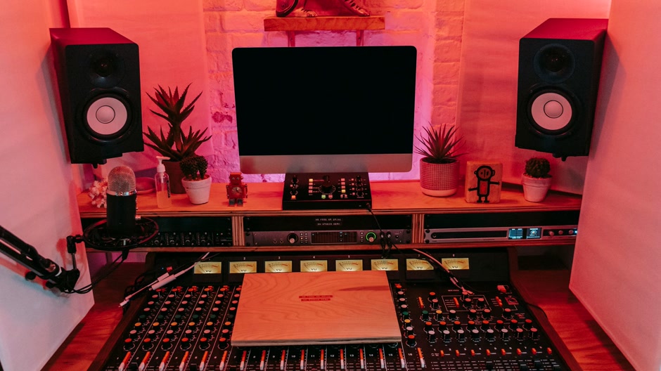 A mixing console, a computer screen and speakers on a dark desk